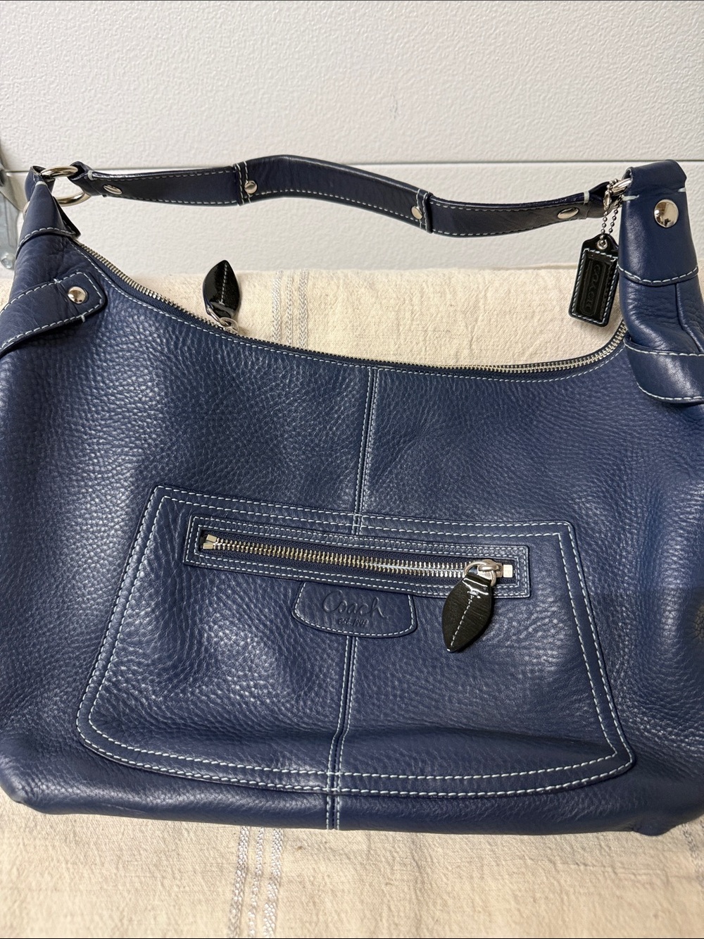Coach Navy Pebbled Leather Shoulder Bag with Silver Hardware